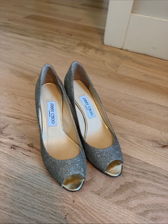 Jimmy Choo Shoes - Jimmy Choo EVELYN Light Bronze Glitter Peep Toe Pump Shoes